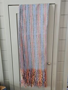 HAND WOven Natural FiberPastel Striped Fringe Wrap Scarf/Runner Pinks And Blues